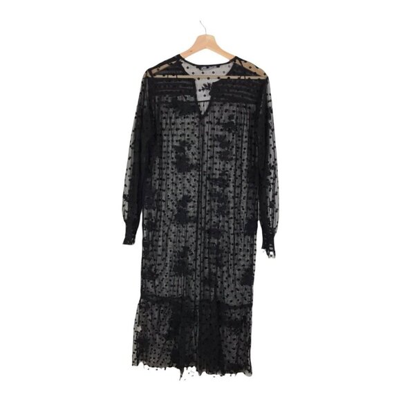 Zara Black Sheer Mesh Polka Dot/Floral Embroidery Midi Dress  Size Medium - Picture 2 of 9